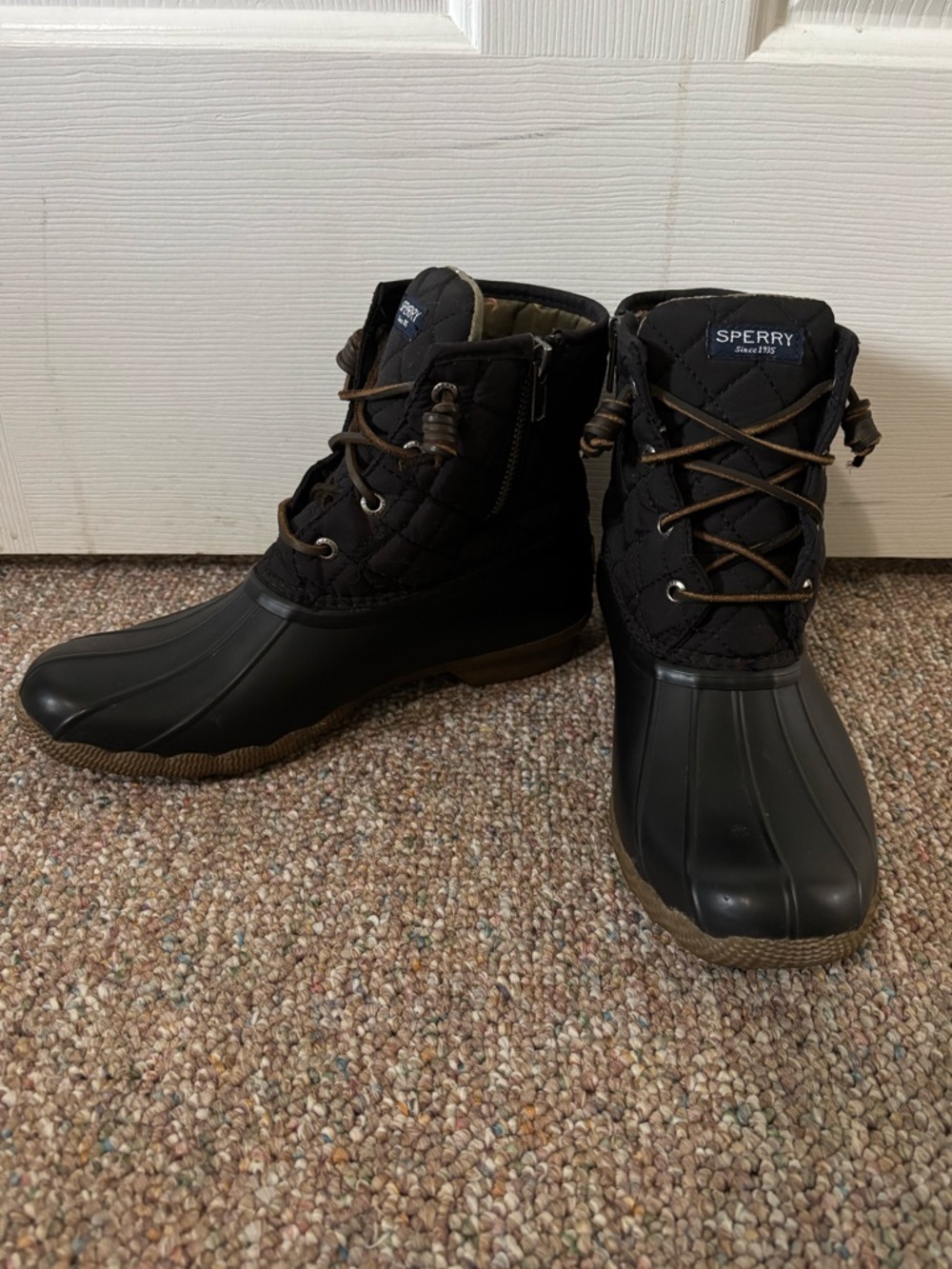 Sperry Black Quilted Lace-Up Duck Boots with Brown Trim